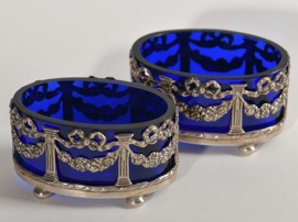 Pair of English Sterling Silver and Bristol Blue Glass Salt Cellars