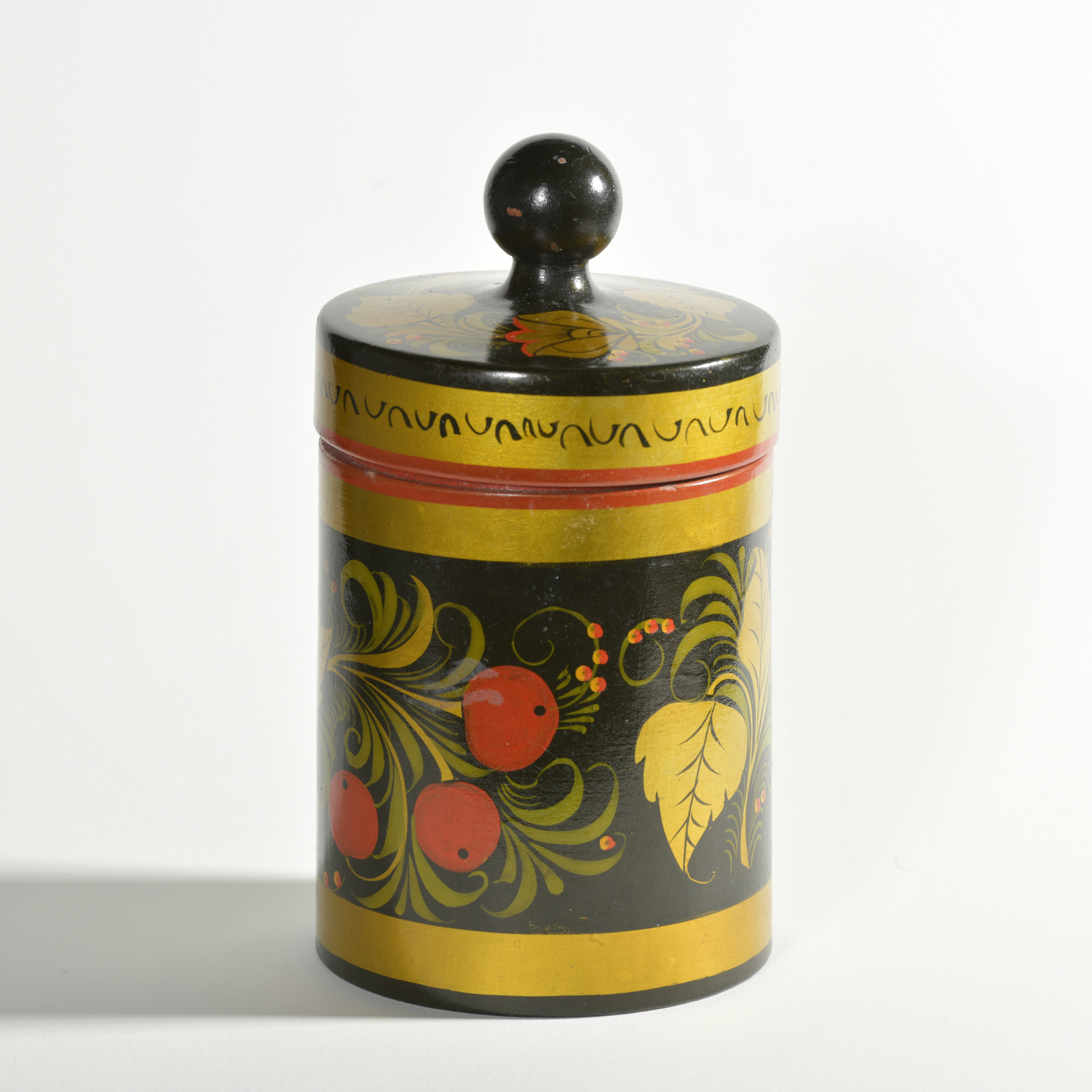 Oriental lacquered turned timber cylindrical box