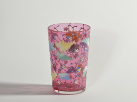 Antique Moser style ruby glass tumbler with enamelled leaves, vines and flowers