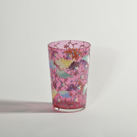Antique Moser style ruby glass tumbler with enamelled leaves, vines and flowers